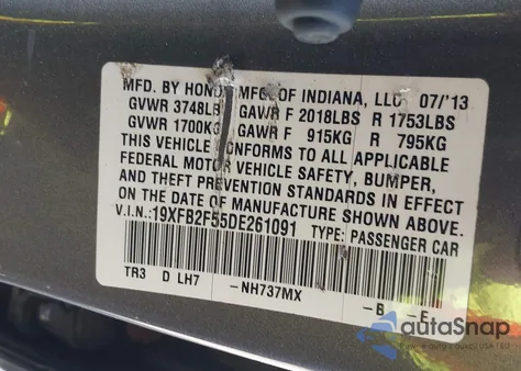 2013 Honda Civic Lx from USA, damaged, VIN 19XFB2F55DE261091